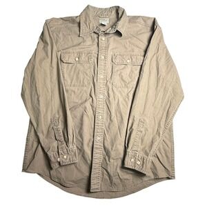LL Bean Vintage 90s Tan Beige Canvas Work Shirt Long Sleeve Button Up Mens Large